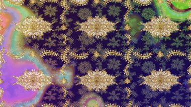 Süslü raster dekorasyonu. Kahverengi renklerde altın desenler ve altın elementler. Barok biçiminde duvar kağıdı tasarımı için şablon çizimi arkaplanı.