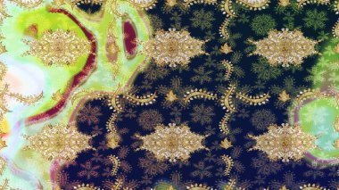 Mavi renkler ve altın elementler üzerine çizim. Raster oryantal süs. Altın deseni çiz.