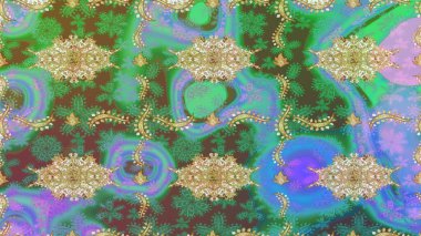 Paisley 'ler zarif çiçek desenli eskiz arka plan duvar kâğıdı çizimi klasik tarz, modern 3D çizgili sanat eseri altın ve yeşil desenli çiçek yaprakları ve süslemeleri..