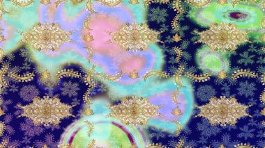 Çiçek süsü kumaş deseni, cam, altın elementli mavi renklerde çiçek desenli metal. Klasik Raster altın eskiz modeli..