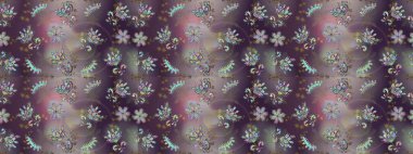 Raster suluboya çiçek deseni, narin çiçekler, gri, kahverengi ve mor çiçekler, tebrik kartı şablonu. Güzel kumaş deseni.