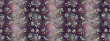 Raster suluboya çiçek deseni, narin çiçekler, gri, kahverengi ve mor çiçekler, tebrik kartı şablonu. Güzel kumaş deseni.