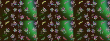 Blossoming background for printing on fabric, wallpaper and paper. Bright bouquets on a fashion grunge background. Cute seamless pattern with a small flower in a vintage style. Raster illustration.