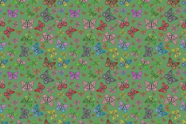 Çocuk için bahar paleti olan güzel kelebek. Klasik tarzda hem de. Gri, siyah ve yeşil arka planda kalan suluboya kelebekler.