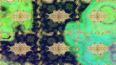 Soyut bir arkaplan çiz. Raster illüstrasyonu. Oriental raster klasik yeşil ve altın desenli.