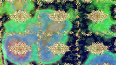 Klasik Raster Golden eskiz kalıbı. Çiçek süsü kumaş deseni, cam, çiçek desenli metal altın elementli yeşil renkte.