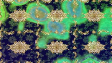 Şık bir grafik desen. Duvar kâğıdı barok, İspanyol kumaşı. Skeç raster arka planı. Çiçek deseni. Yeşil renklerdeki altın elementler.