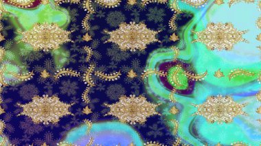 Geleneksel altın sarısı desenli mavi renkli ve altın elementli. Barok tarzında eskiz doğulu süsü..