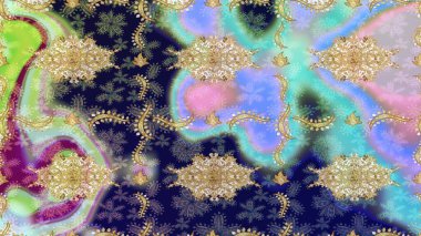 Raster altın desen. Kıvrımlı çizimler. Doğulu stil, altın elementli mavi renkli altın desenli arabesk yapar..