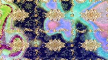 Soyut bir arkaplan çiz. Raster illüstrasyonu. Oriental raster klasik mavi ve altın desenli.