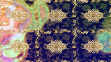 Raster illüstrasyonu. Altın elementli mavi renkler. Doğu tarzı arabesk. Raster altın desen. Altın desenli bukleler çiz.