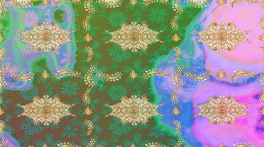 Altın şablonu çiz. Altın elementli yeşil renkler. Çiçek desenli altın metal. Raster altın çiçek süsü brokar kumaş ve cam desenli..