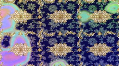 Çiçek süsü kumaş deseni, cam, altın elementli mavi renklerde çiçek desenli metal. Klasik Raster altın eskiz modeli..