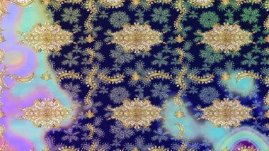 Altın çiçekli mavi renklerde altın eskiz deseni. Senin tasarımın için, duvar kağıdı. Raster geometrik arka plan. Altın renkli çizim çizimi.