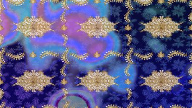 Klasik klasik klasik arka plan. Mavi renkler ve altın elementler üzerine çizim. Klasik Raster Golden eskiz kalıbı. Geleneksel oryantasyon süsü.