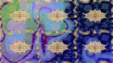 Raster altın desen. Altın elementli mavi renkler. Çizim altın desenli bukleler. Doğu tarzı arabesk. Raster illüstrasyonu.