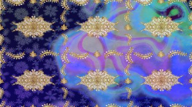 El yapımı dekoratif çerçeve, albüm kapağı, tebrik kartı, klasik Art deco tarzı. Raster soyut çiçek çelengi altın karalama fantezi yaprakları ve mavi renkli çiçek.