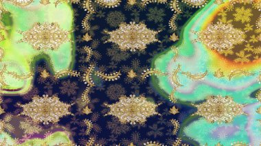 Klasik altın desenli çizim. Raster geleneksel oryantasyon süsü. Altın elementlerle mavi renklerde altın desen.