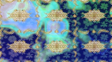 Soyut bir arkaplan çiz. Raster illüstrasyonu. Oriental raster klasik mavi ve altın desenli.
