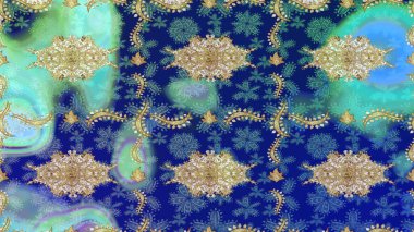 Mavi renkte desen. Kına dövmeli süs çiçekleri, altın çıkartmalar, mehndi ve yoga tasarımı, kartlar ve parmak izleri. Raster Golden Mehndi eskiz kalıbı.