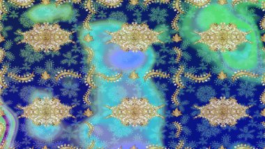 Mavi yerine altın rengi barok çiçekli eskiz deseni. Lüks, kraliyet ve Viktorya dönemi konsepti. Süslü raster dekorasyonu. Mavi renklerdeki altın element.