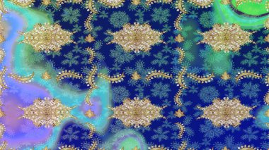 Mavi renkte altın. Doğum günü kartı, davetiye ya da afiş için iyidir. Ortaçağ çiçek desenini çiz. Raster illüstrasyonu. Dekoratif simetri arabesk.