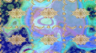 Skeç raster arka planı. Şık bir grafik desen. Duvar kâğıdı barok, İspanyol kumaşı. Mavi renklerdeki altın elementler. Çiçek deseni.