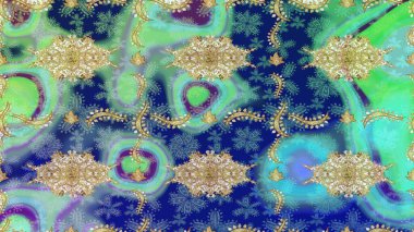 Altın şablonu çiz. Raster oryantal süs. Mavi renkler ve altın elementlerle çizim deseni.