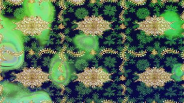 Altın elementli yeşil renklerde altın eskiz deseni. Noel, kar tanesi, yeni yıl. Yeşil renklerde altın elementli eskiz kalıbı.
