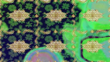 Damask arkaplanı. Yeşil renkte altın bir element. Altın çiçekli eskiz deseni. Barok tarzında altın çiçekli süs..