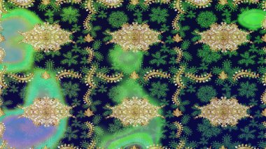 Altın çiçekli eskiz deseni. Damask arkaplanı. Barok tarzında altın çiçekli süs. Yeşil renklerdeki altın element.