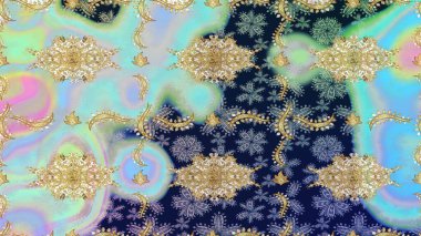 Raster geometrik arka plan. Senin tasarımın için, duvar kağıdı. Altın renkli çizim çizimi. Altın çiçekli mavi renklerde altın eskiz deseni.