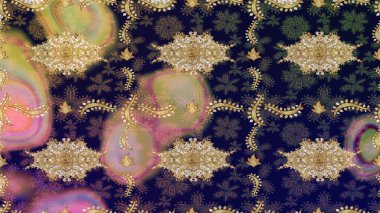 Doğu tarzında klasik tasarım öğesi. Duvar kâğıdı için altın süslü bir illüstrasyon. Çiçek süslemeli Raster eskiz deseni. Süslü dantel iz sürücü. Gri renkler üzerine geleneksel Arapça dekor.