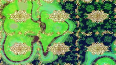Ortaçağ çiçek desenini çiz. Raster illüstrasyonu. Dekoratif simetri arabesk. Doğum günü kartı, davetiye ya da afiş için iyidir. Yeşil renkte altın.