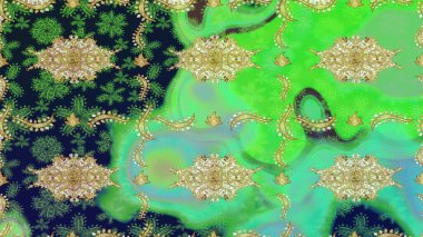 Duvar kâğıdı için altın süslü bir illüstrasyon. Geleneksel Arap dekoru yeşil renklerde. Süslü dantel iz sürücü. Çiçek süslemeli Raster eskiz deseni. Doğu tarzında vintage tasarım ögesi.