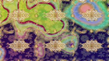 Hassas altın deseni açın. Doğu tarzı arabesk. Tarafsız renklerde altın elementlerle çizim. Raster. Altın desenli bukleler çiz. Parlak dantel, stilize çiçekler, şal desenli.