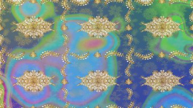 Altın çiçekli eskiz deseni. Damask arkaplanı. Mavi renkte altın bir element. Barok tarzında altın çiçekli süs..