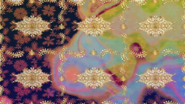 Tarafsız renkler üzerine geleneksel Arapça dekor. Çiçek süslemeli Raster eskiz deseni. Duvar kâğıdı için altın süslü bir illüstrasyon. Süslü dantel iz sürücü. Doğu tarzında vintage tasarım ögesi.