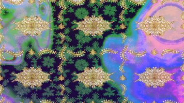 Gri renklerdeki altın element. Barok tarzında altın çiçekli süs. Damask arkaplanı. Altın çiçekli çizim şekli.