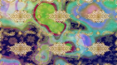 Doğu tarzı arabesk tarzında altın elementler. Mavi renkte çizim deseni. Çizim altın desenli bukleler. Raster altın eskiz deseni.