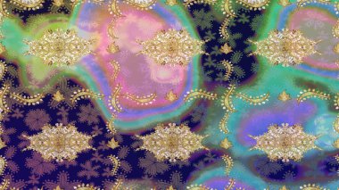 Raster altın desen. Altın elementli mavi renkler. Raster illüstrasyonu. Çizim altın desenli bukleler. Doğu tarzı arabesk.