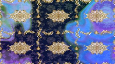 Klasik Raster Golden eskiz kalıbı. Çiçek süsü kumaş deseni, cam, altın elementlerle mavi renklerde çiçek desenli metal..
