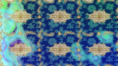 Klasik klasik klasik arka plan. Geleneksel oryantasyon süsü. Mavi renklerde ve altın elementlerle. Klasik Raster altın desenini çiz.