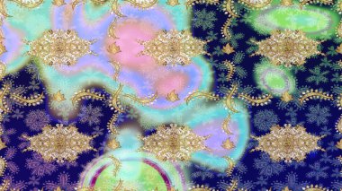 Mavi renkli ve altın elementli Raster eskiz deseni. Tasarım için Damask çizim deseni.