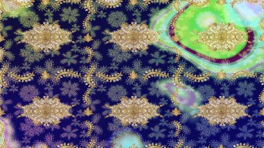 Raster illüstrasyonu. Oriental raster klasik mavi ve altın desenli. Soyut arkaplan çizimi.