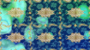 Klasik klasik klasik arka plan. Klasik Raster Golden eskiz kalıbı. Geleneksel oryantasyon süsü. Mavi renkler ve altın elementlerle çizim deseni.