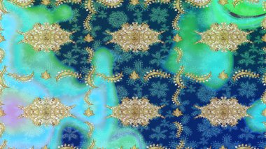 Raster oryantal süs. Altın elementlerle mavi renklerde altın desen. Barok tarzında eskiz oryantal süsü. Geleneksel klasik altın desen.