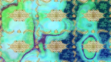 Klasik altın desenli eskiz. Altın elementli mavi renklerde altın eskiz deseni. Tekrarlayan elementlerle soyut arkaplan oluşturun. Raster illüstrasyonu.