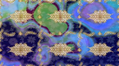 Mavi renklerdeki altın elementler. Barok tarzında eskiz oryantal süsü. Geleneksel klasik Raster altın çizim kalıbı.