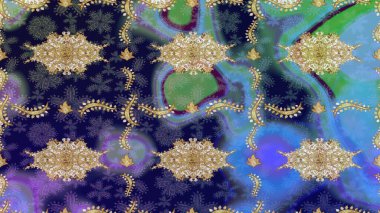 Damask çizimi tekrarlanıyor. Mavi renklerdeki altın element. Barok tarzında altın çiçekli süs. Doku arkaplanı üzerine altın duvar kağıdı.